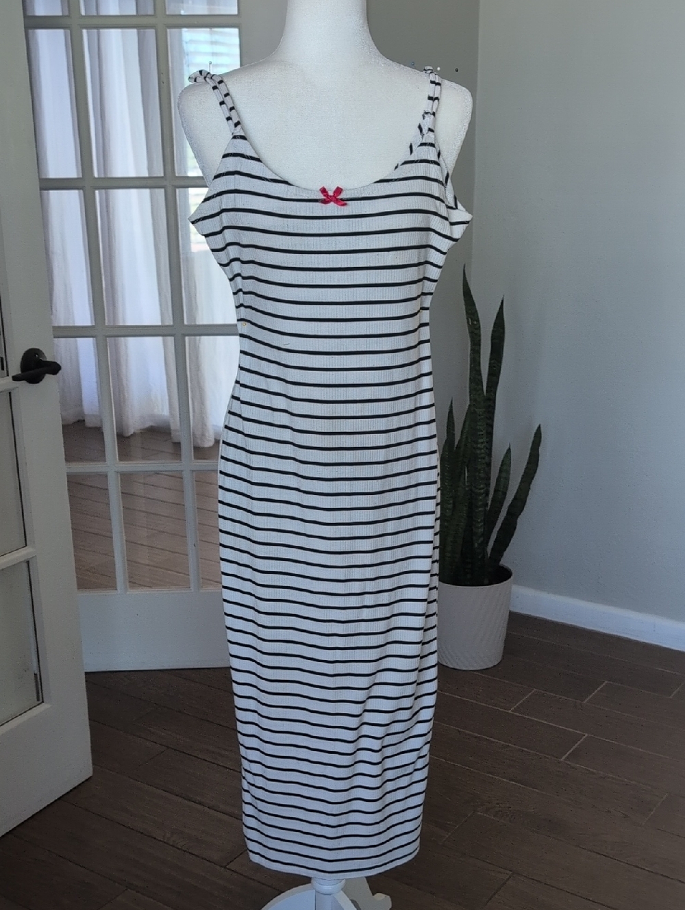 Y2K Striped White and Black Midi Tank Dress with Red Bow Accent Large